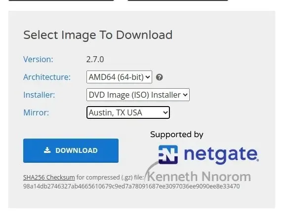 pfSense download page architecture and installer options selection