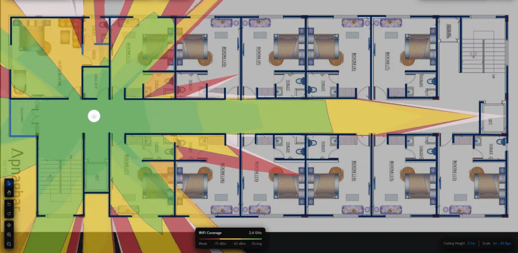 Diagram demonstrating acute incident angles through corridor walls increasing effective wall thickness