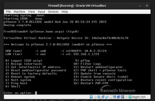 pfSense console menu options after first boot