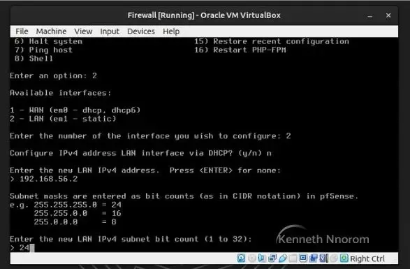 Configuring LAN interface static IPv4 address in pfSense console