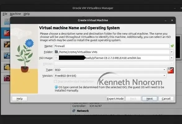Oracle VirtualBox Create Virtual Machine dialog with pfSense ISO