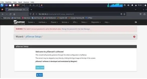 pfSense WebConfigurator dashboard after successful login