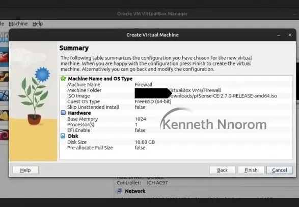 VirtualBox virtual machine summary review dialog