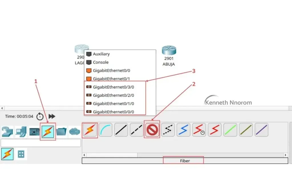 Selecting fiber optic cable connector in Packet Tracer to link router GigabitEthernet ports