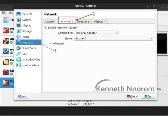 VirtualBox network settings showing Adapter 2 configured as Host-Only Adapter