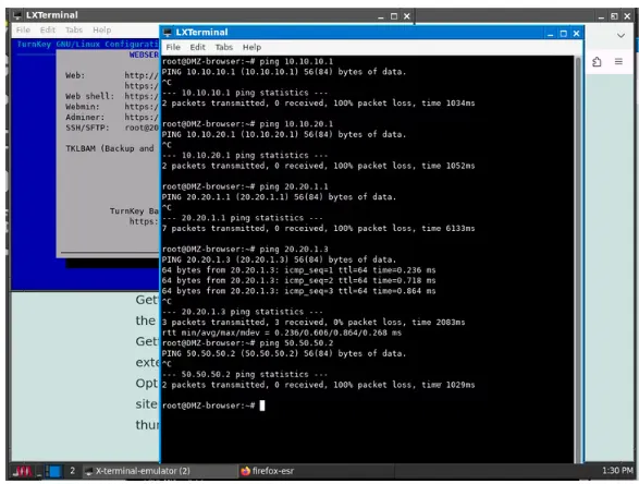 Terminal output showing failed ICMP ping from DMZ to internal subnets