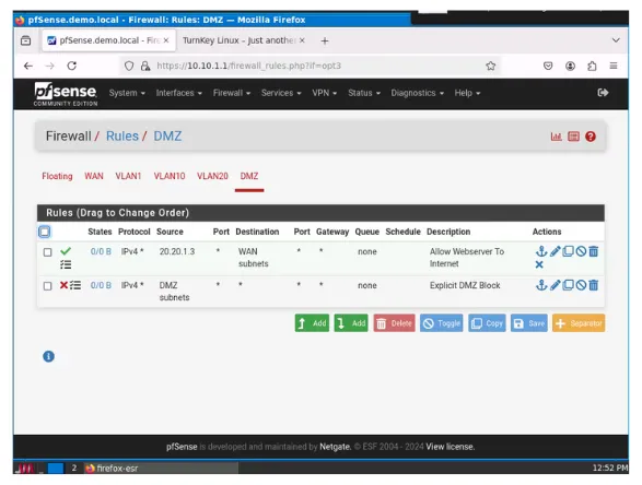 pfSense DMZ interface rules isolating DMZ and permitting web server WAN access