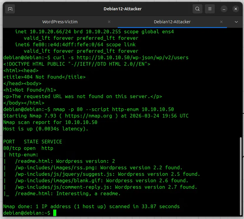 Terminal execution of Nmap HTTP directory enumeration scan against the WordPress web server