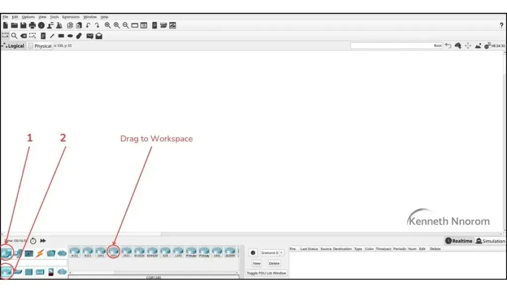 Packet Tracer workspace view showing dragging the Cisco 2901 ISR router into the topology