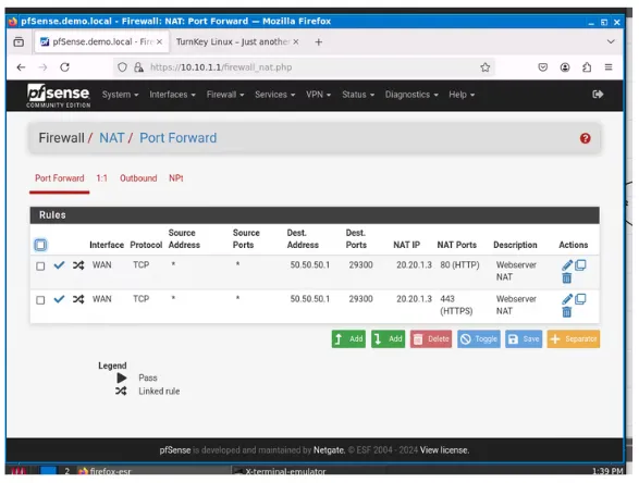 pfSense WAN port forwarding NAT rule table redirecting external traffic to web server