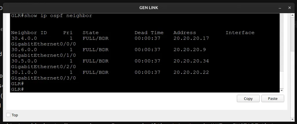 Terminal output of show ip ospf neighbor command in Packet Tracer