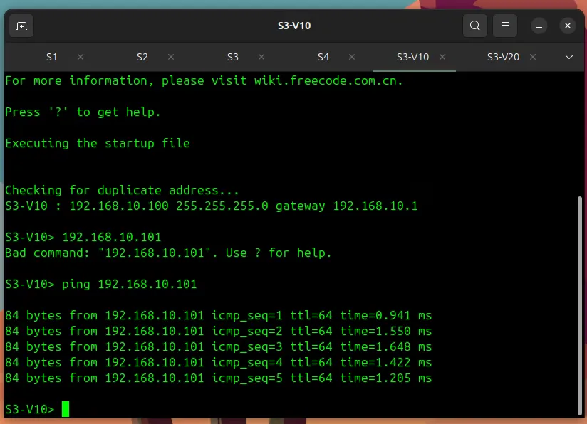 Terminal output showing successful intra-VLAN ICMP ping between S3-V10 and S4-V10 across the fabric
