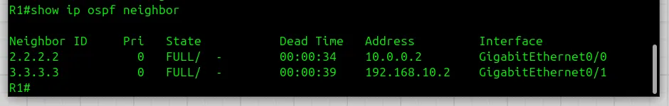 Cisco router R1 show ip ospf neighbor output displaying Full adjacency with Cumulus R2