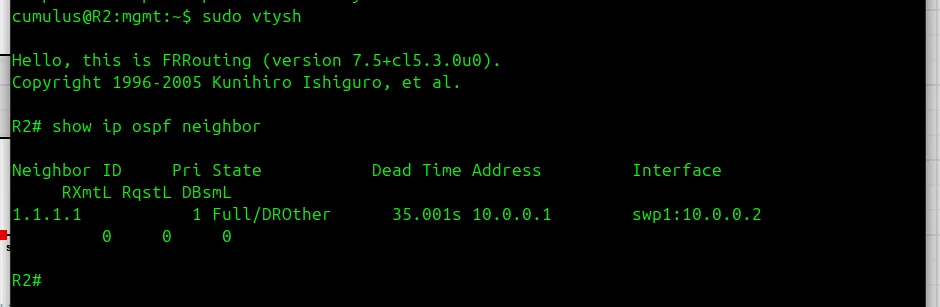 Cumulus Linux R2 vtysh show ip ospf neighbor command output displaying Full adjacency with Cisco R1
