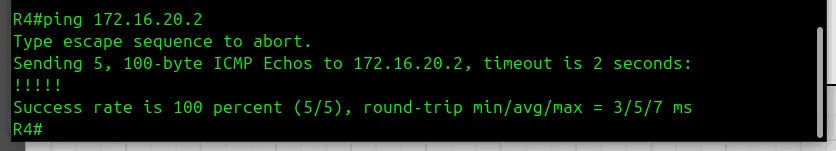 Cisco R4 terminal session showing successful 5-of-5 ICMP ping to R6 across the Cumulus ABR