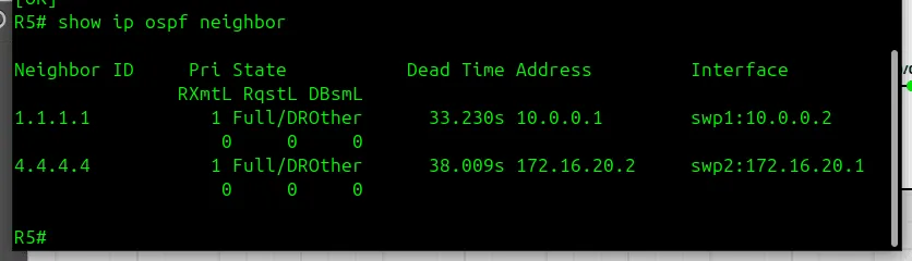 Cumulus ABR R5 vtysh show ip ospf neighbor output verifying adjacencies across Area 0 and Area 20