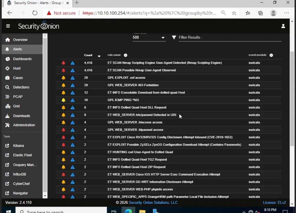 Security Onion Alerts dashboard displaying Suricata intrusion detections and Nmap User-Agent triggers