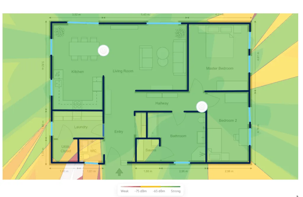 Predictive Wi-Fi coverage simulation heatmap in Ubiquiti Design Center