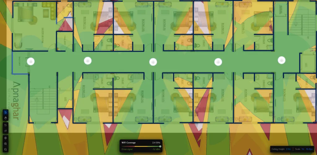 Simulation showing balcony APs failing to penetrate interior rooms due to structural wall attenuation