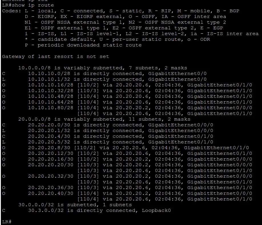 Terminal output of show ip route showing connected and OSPF learned routes