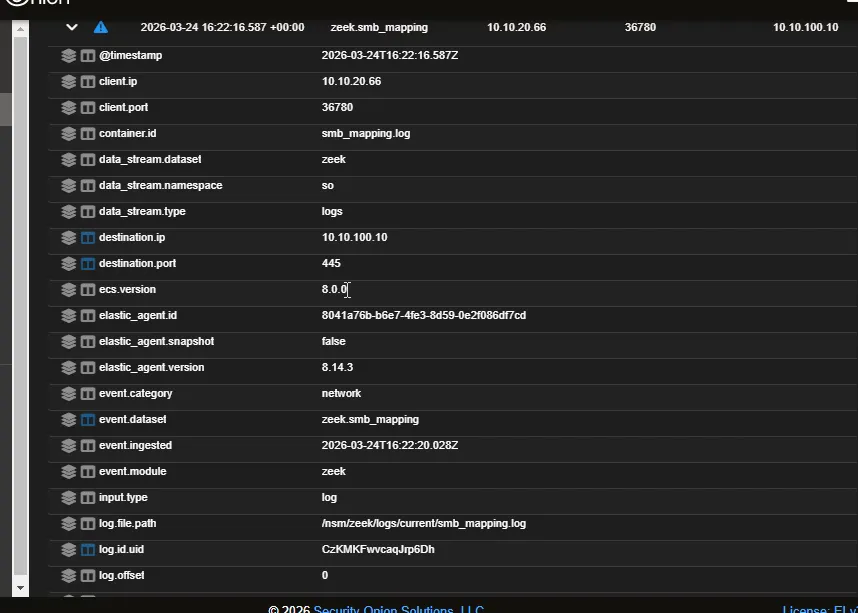 Security Onion Zeek log search in Hunt interface displaying SMB mapping and file extraction telemetry