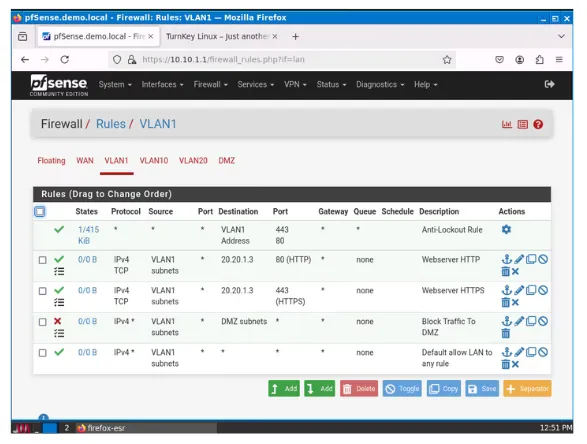 pfSense VLAN 1 management interface firewall rule table