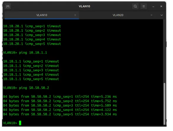 Terminal output showing ICMP ping results from VLAN 10 to gateway with blocked inter-VLAN subnets