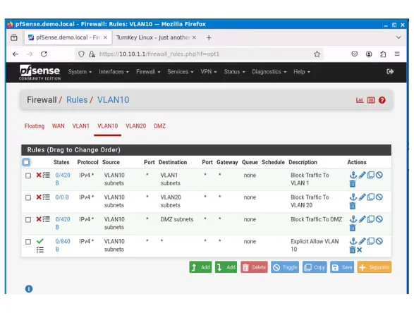 pfSense VLAN 10 interface rules blocking inter-VLAN lateral movement