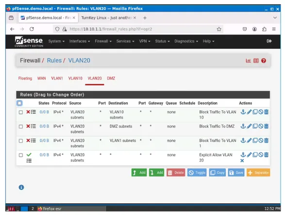 pfSense VLAN 20 interface firewall rules matching VLAN 10 security policies