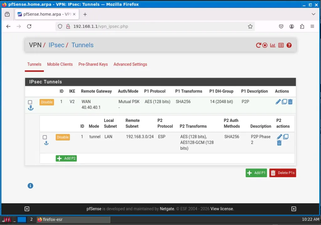 California firewall IPsec Phase 1 and 2 tunnel settings