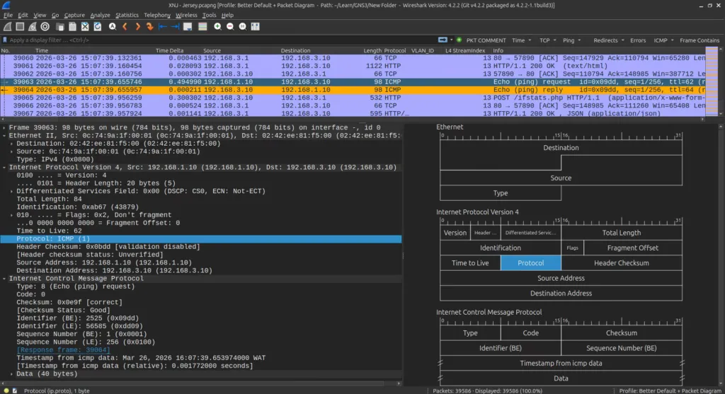 Wireshark packet capture at New Jersey endpoint showing decrypted ICMP delivery
